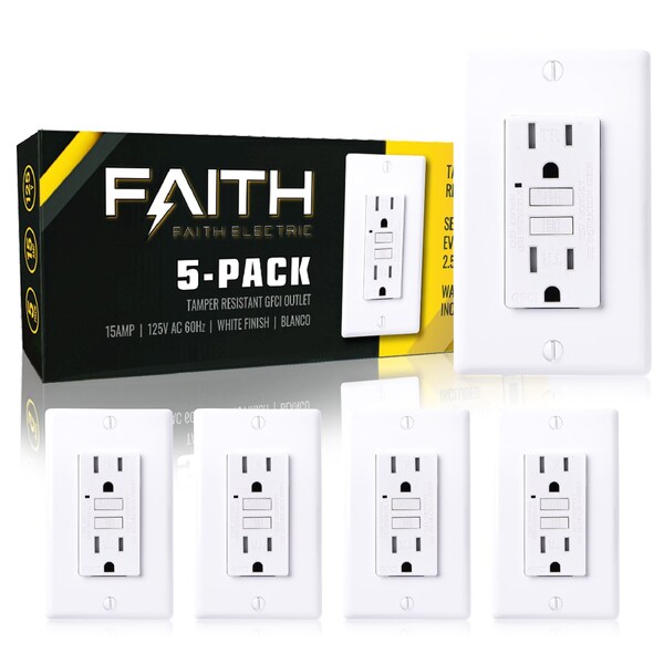 Faith 15A GFCI Outlets, Tmpr-Rsistnt, GFI Duplex Receptacles W/ LED Indicator/Wall Plate, ETL Listed, Wht, 5PK GLS-15ATR-WH-05 - main